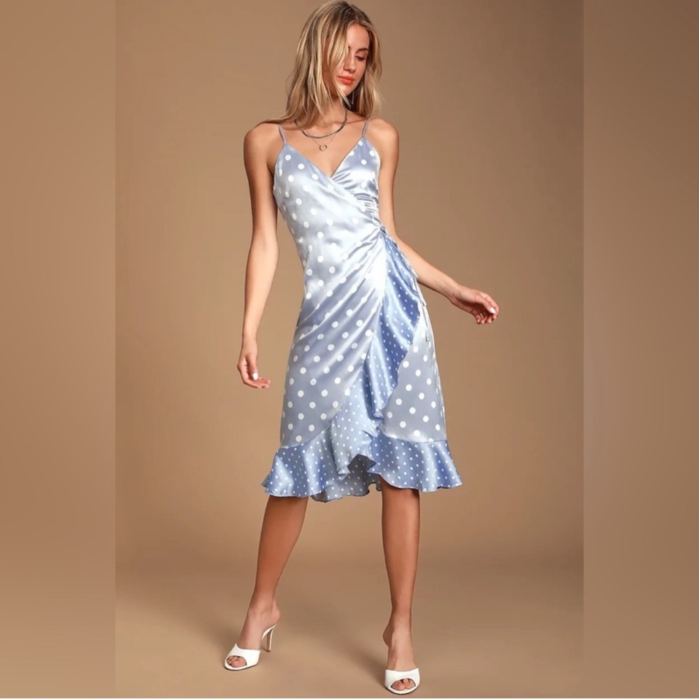 Baby Blue Satin Polka Dot Wrap Dress